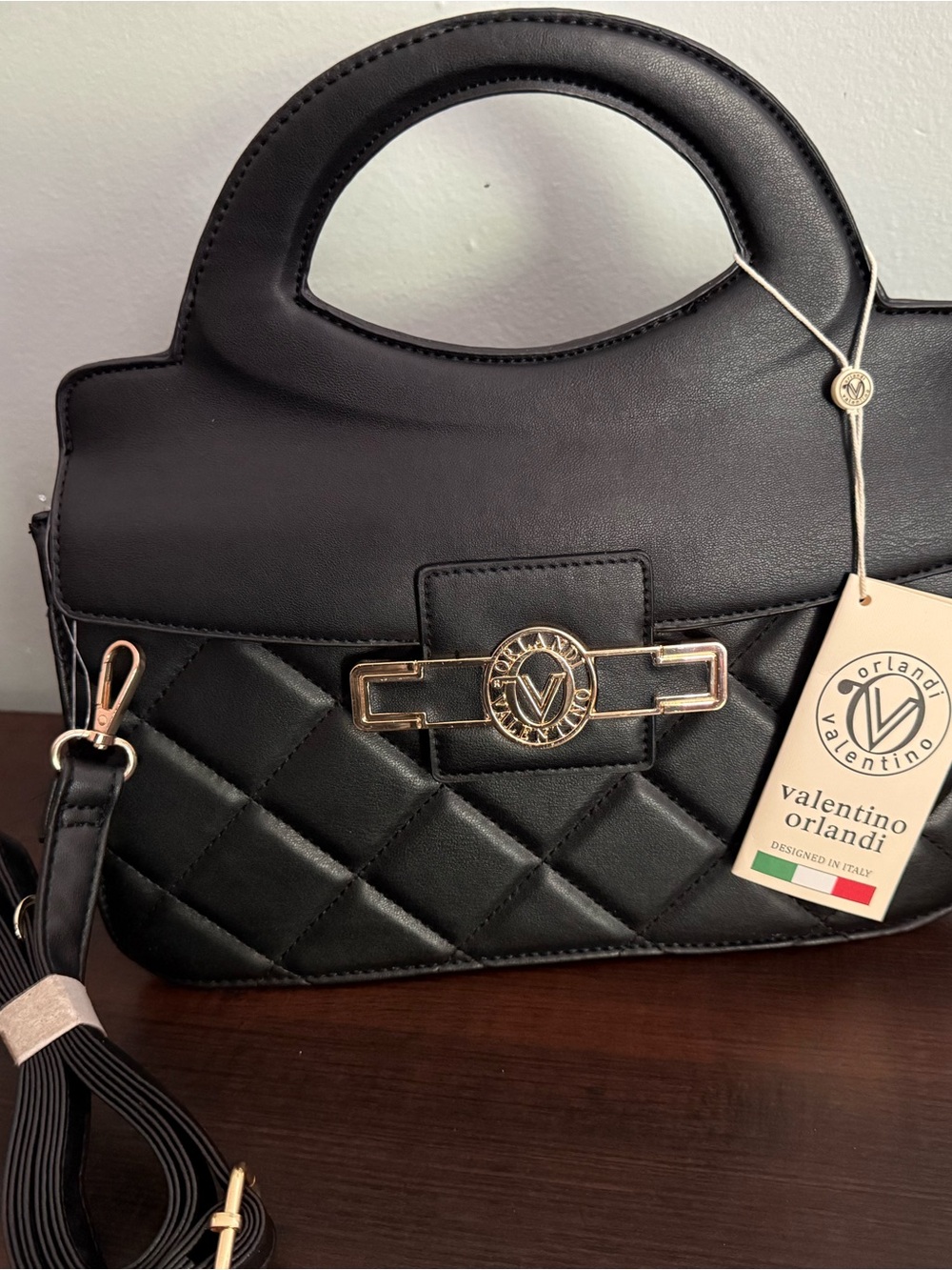 Valentino Orlandi Black Quilted Satchel with Gold Hardware